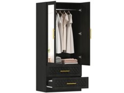 Roupeiro com Espelho 2 Portas e 2 Gavetas Relevo de Diamante Barra para Pendurar Estilo Moderno 80x50x180 Cm Preto FYNTERA EUROPA