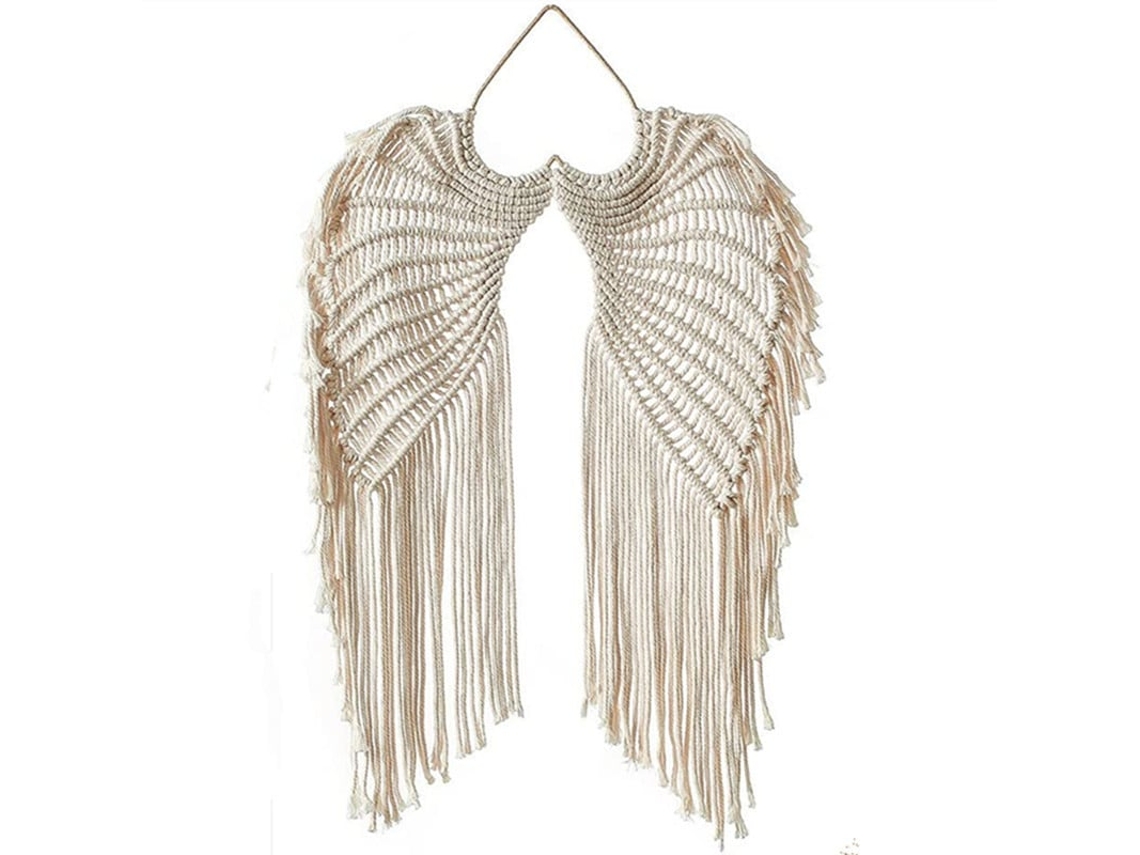 Tapeçaria de Parede em Tricô com Asas Anjo Inspiração Boêmia e Franjas Cordão Algodão BRILVIBERA