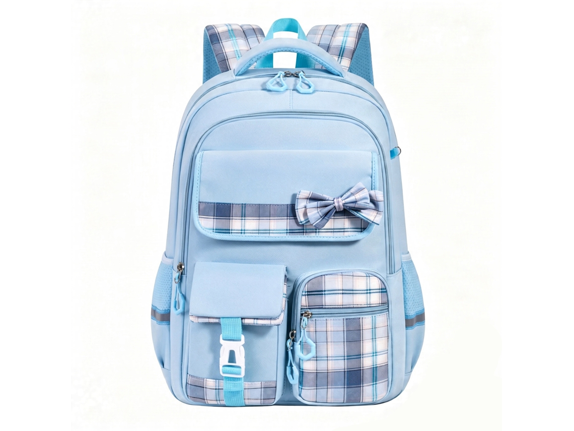 Mochila Escolar, Leve, Fofa Com Laços E Bolinhas, Cor Azul Para Estudantes
