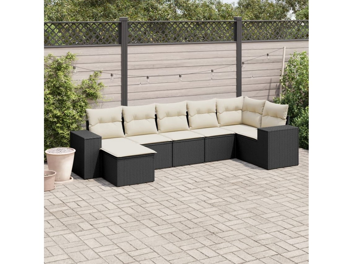Vidaxl 7 Pcs Conjunto De Sofás P/ Jardim C/ Almofadões Vime Pe Preto
