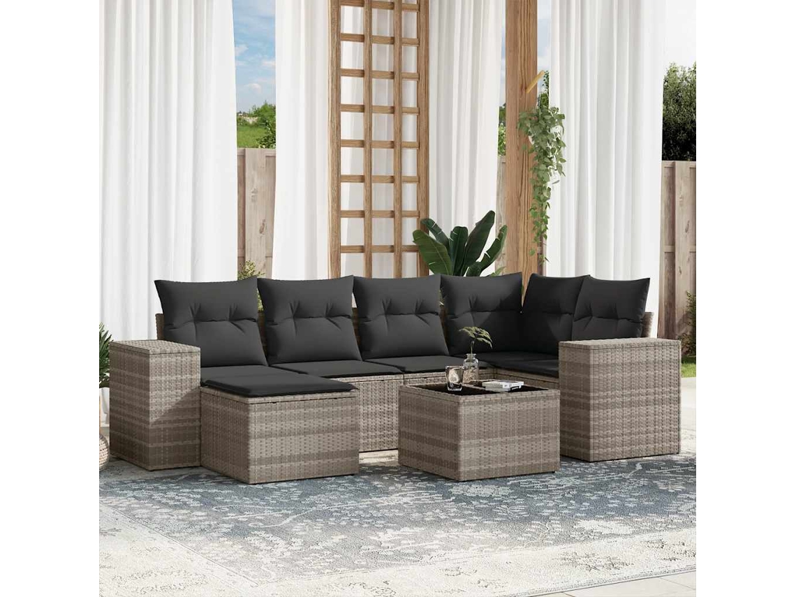 Vidaxl 7 Pcs Conj. Sofás Jardim com Almofadões Vime Pe Cinzento claro