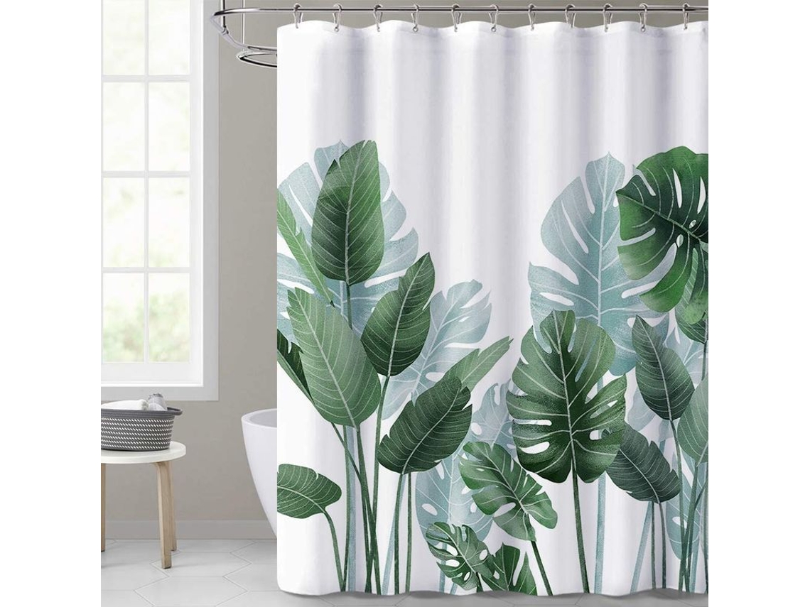 Cortina De Ducha Para Banho Com Folhas Tropicais Em Fundo Branco Impermeável Inodoro Tamanho Padrão 72x72 Polegadas Com Ganchos Incluídos