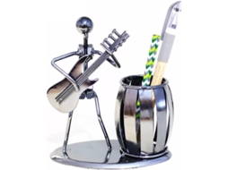 Porta-canetas de mesa, músico de metal tocando, acessórios de escritório, porta-lápis