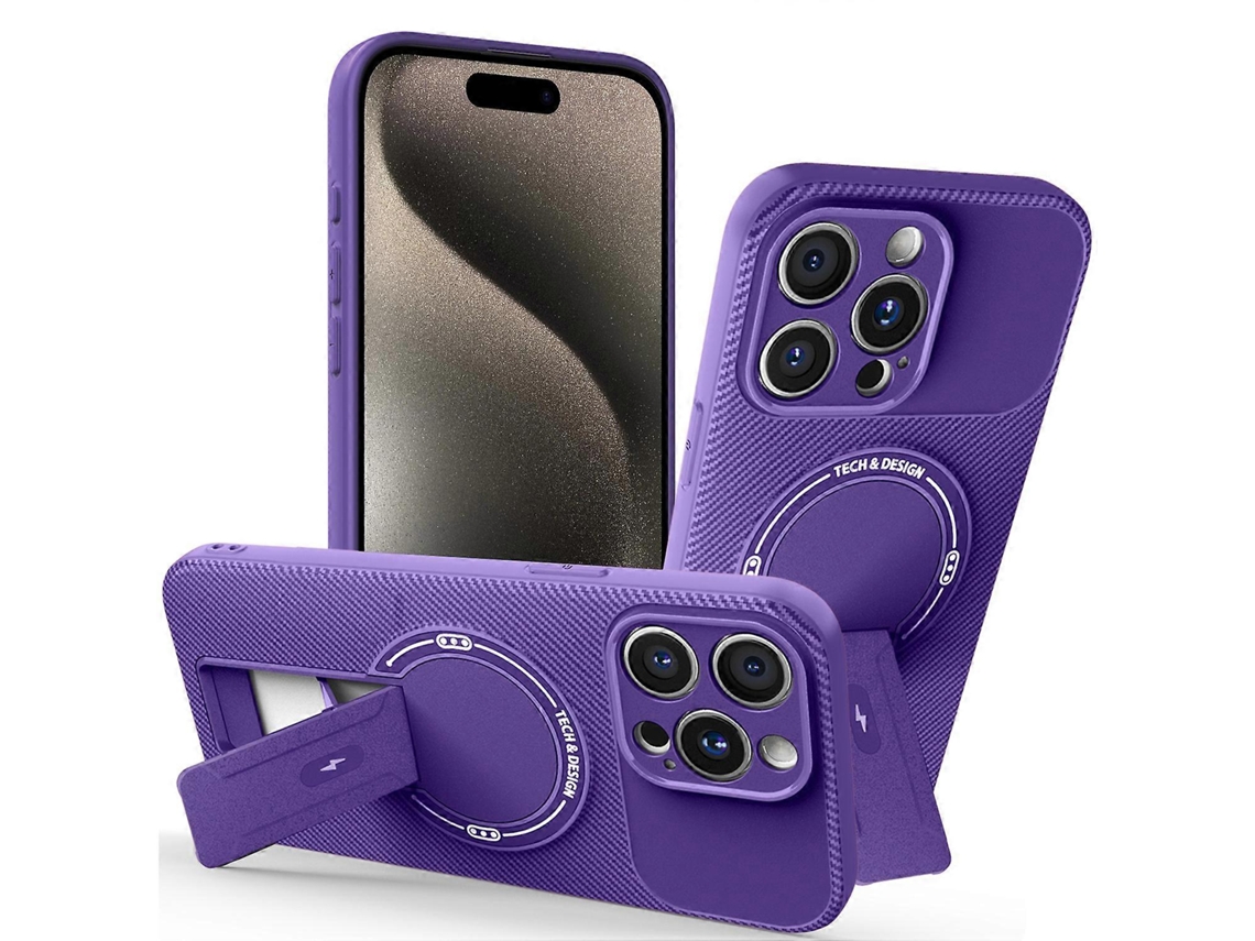 Capa Tkdaddy Para Iphone 15 Pro Com Suporte, Textura De Fibra De Carbono, Pc Capa De Tpu, Roxa
