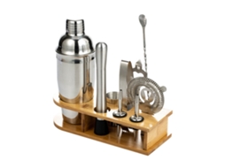 Kit de Coquetelaria com 10 Peças em Aço Inox e Bandeja de Bambu 550ml | S/MARCA