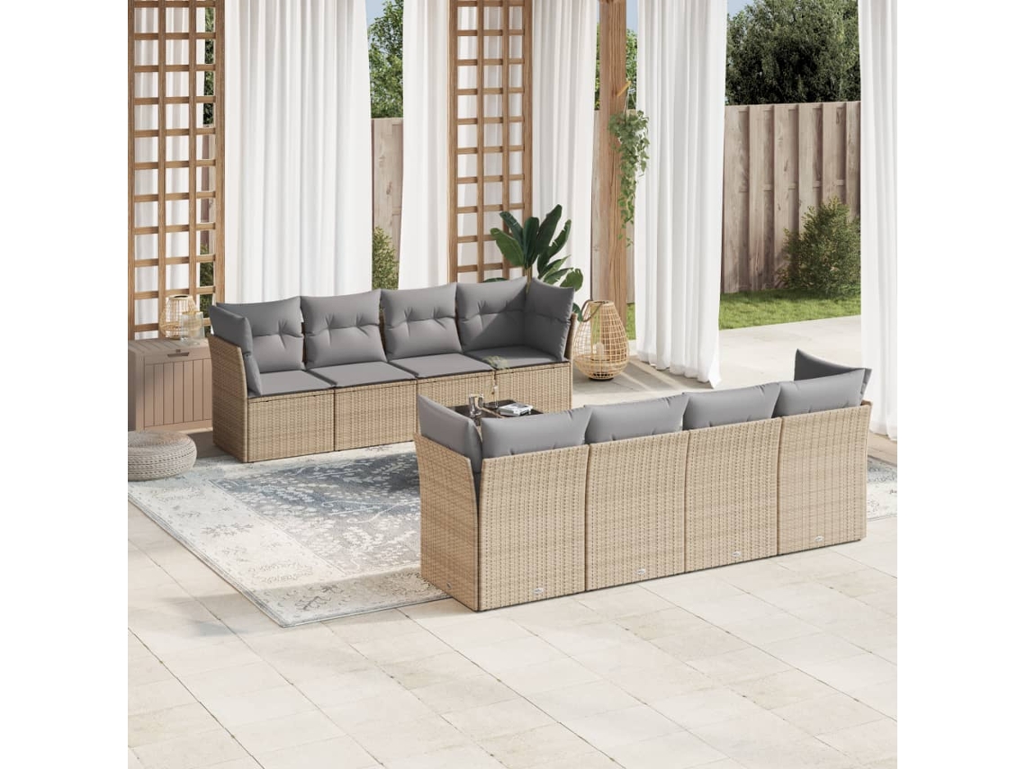 Vidaxl 9 Pcs Conjunto De Sofás P/ Jardim Com Almofadões Vime Pe Bege