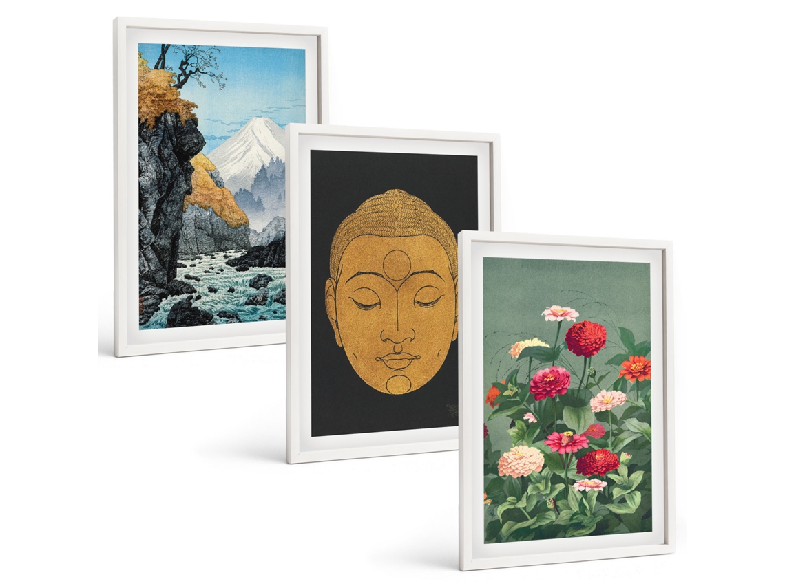 Pinturas Murais Modernas Natureza Japonesa, Cultura, Japandi Moldura Branca Quadros Para A Sala De Estar Espelharte (3 Piezas De 40x60 Cm)