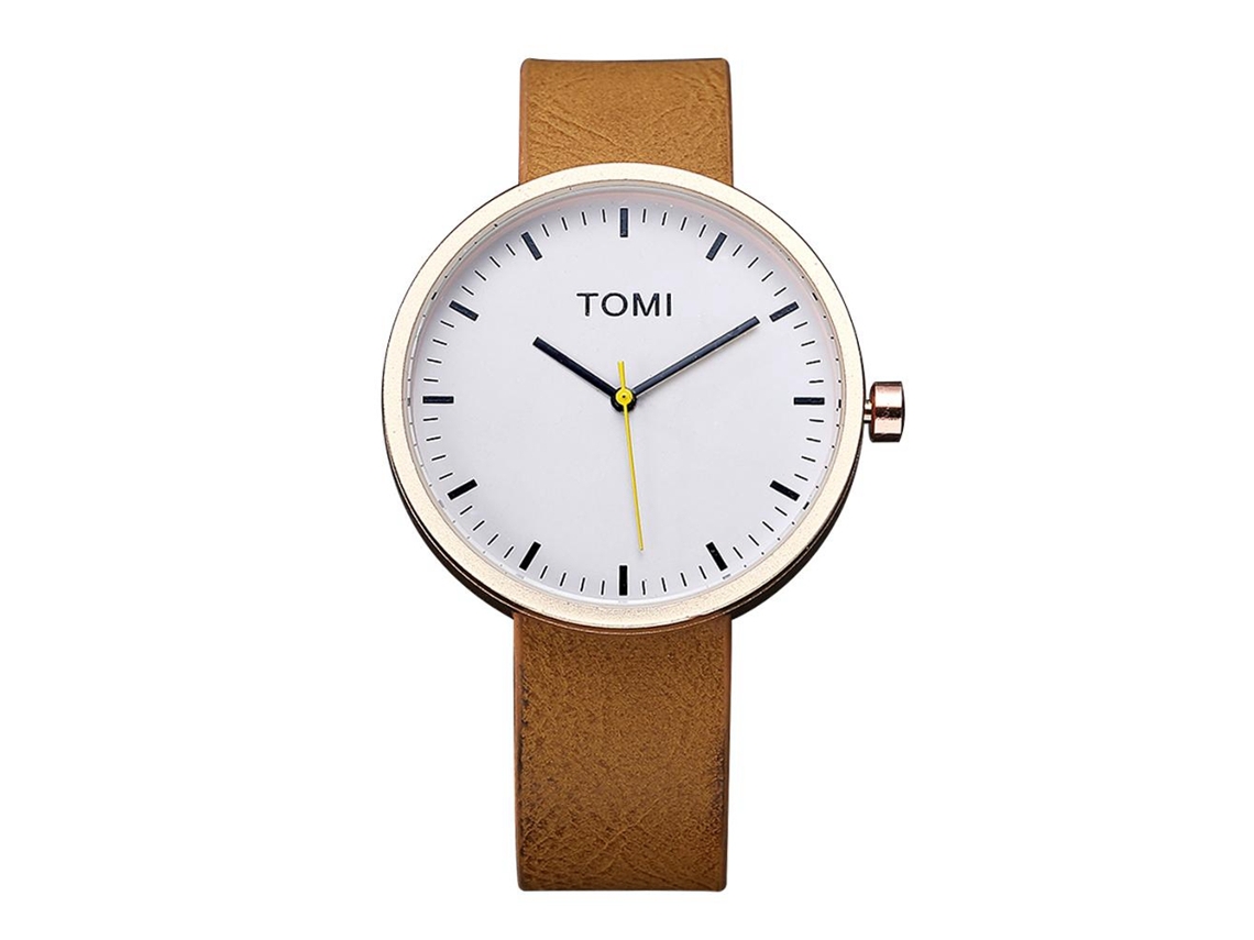 Relógio masculino Tomi, pulseira de couro PU, mostrador redondo, relógio de quartzo (marrom claro com detalhes em dourado)