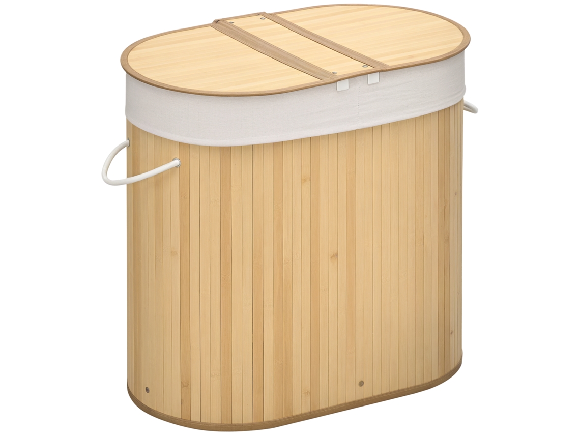 Cesto de Roupa em Bambu 100l com 2 Compartimentos,tampa e Saco Removível 62,5x37x60,5cm natural BTFORUS