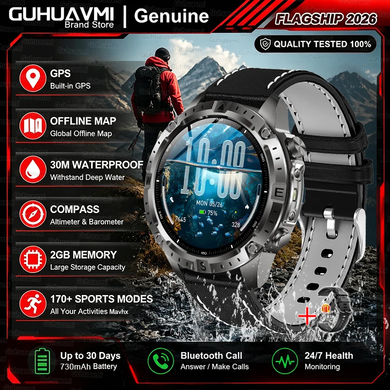 (pulseira De Couro Preta) Smartwatch Com Gps, Mapa Offline, Bússola, Lanterna E Chamadas Em Hd.