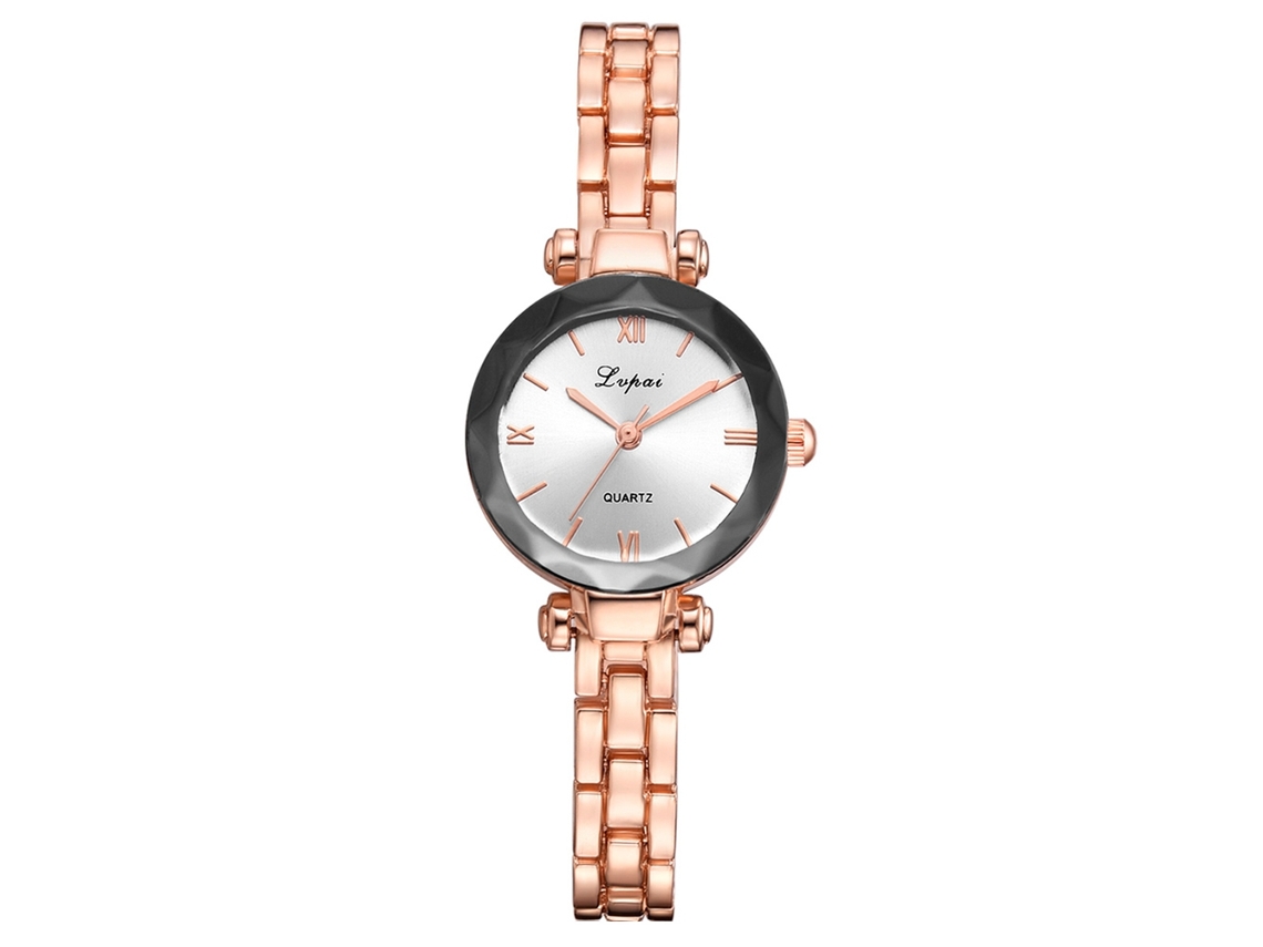 Relógio Feminino Retro com Números Romanos Pulseira de Liga Quartzo Rosa Dourado+branco