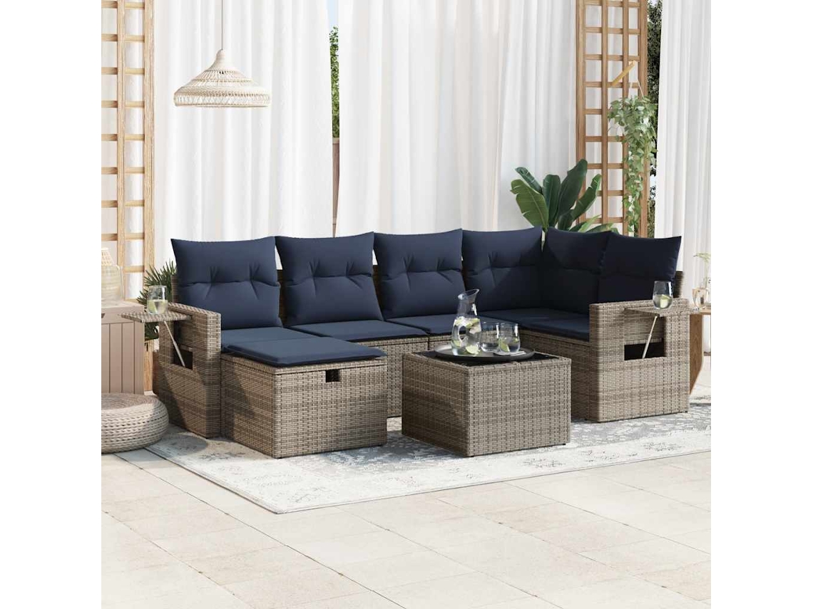 Vidaxl 7 Pcs Conjunto Sofás P/ Jardim C/ Almofadões Vime Pe Cinzento