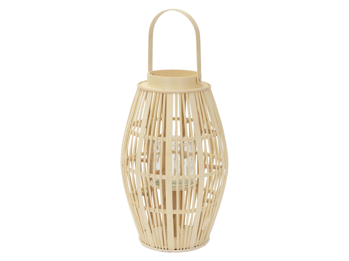 Lanterna De Bambu Com Castiçal De Vidro, 63cm Altura, Suporte Para Velas, Madeira Natural