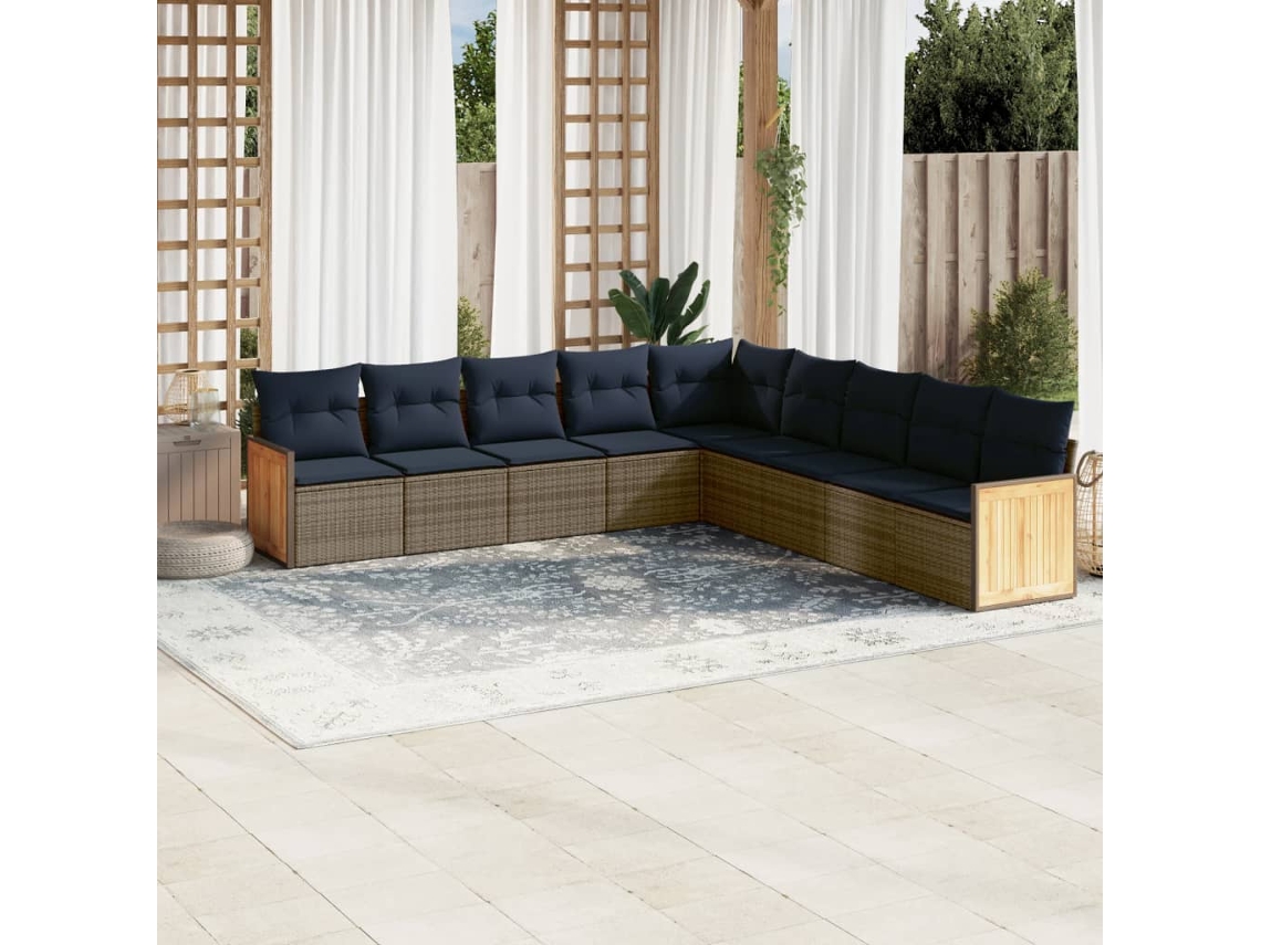 Conjunto de Sofá de Jardim com 9 Peças e Almofadas em Rattan Sintético Preto VIDAXL