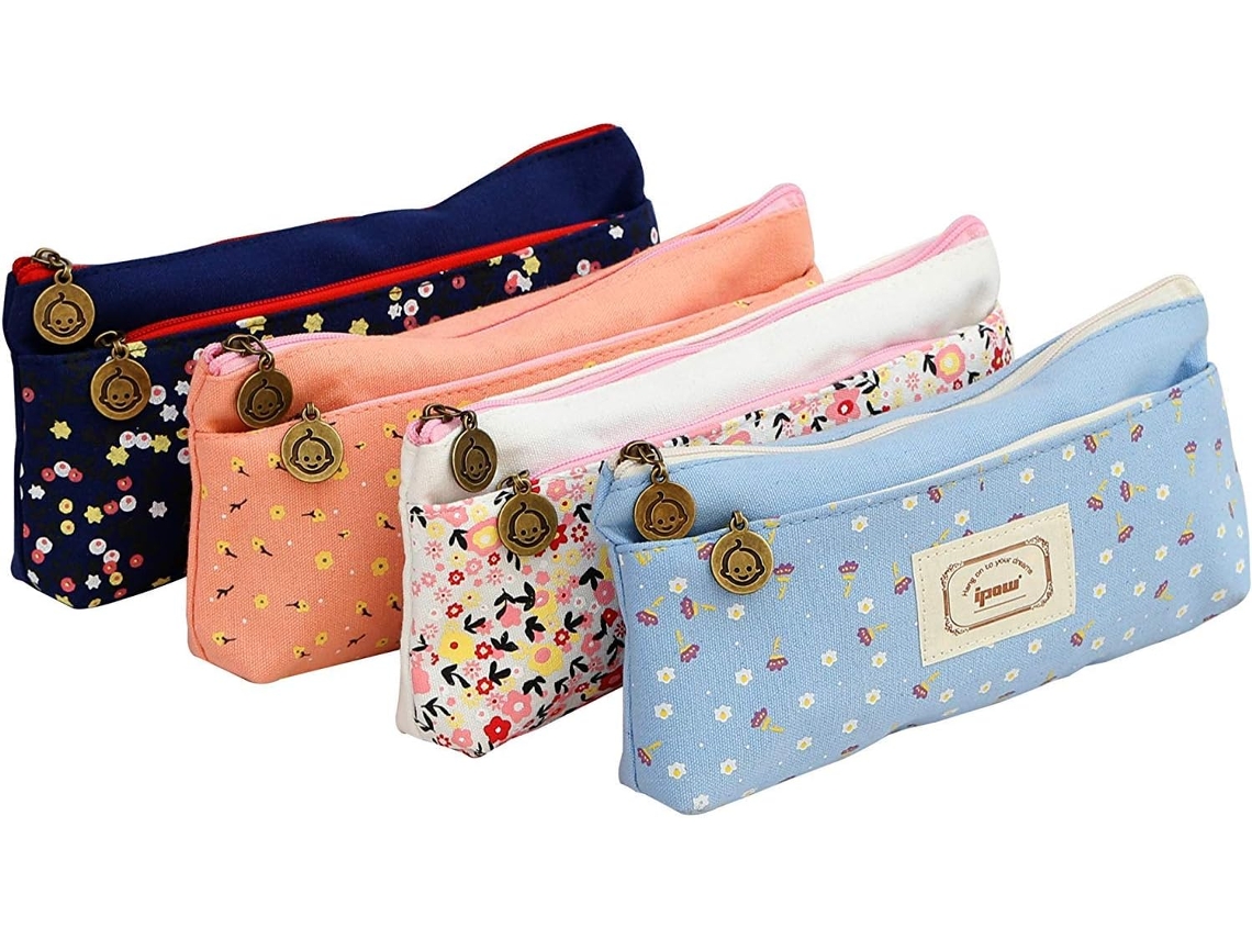 Estojo para Lápis, 4 Peças, 2 Compartimentos, Lona, Azul Escuro, Branco, Floral, Maquiagem AQUAFORGE