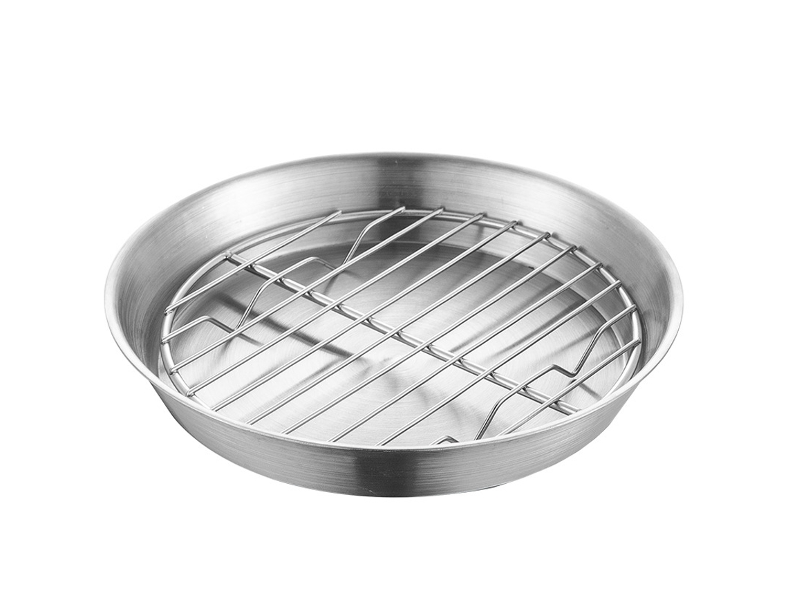 Forma Para Air Fryer – Forma Redonda Forno – Tabuleiro Com Grelha – Para Assar E Grelhar – 16 Cm – Aço Inoxidável – Prata