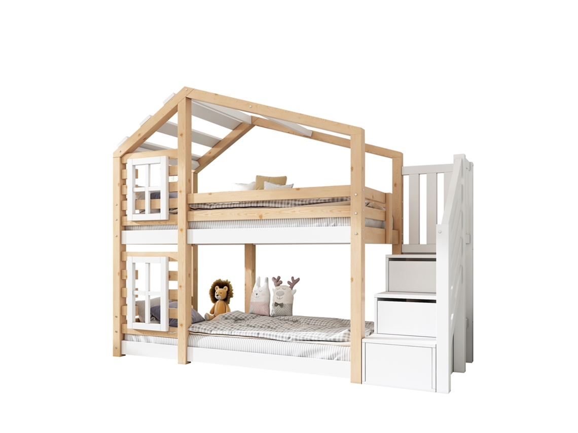 Beliche Infantil Casa na Árvore 90x200 Cm com Janela, espaço de Armazenamento, proteção Contra Quedas, cores Natural e Branca PAPRIKA