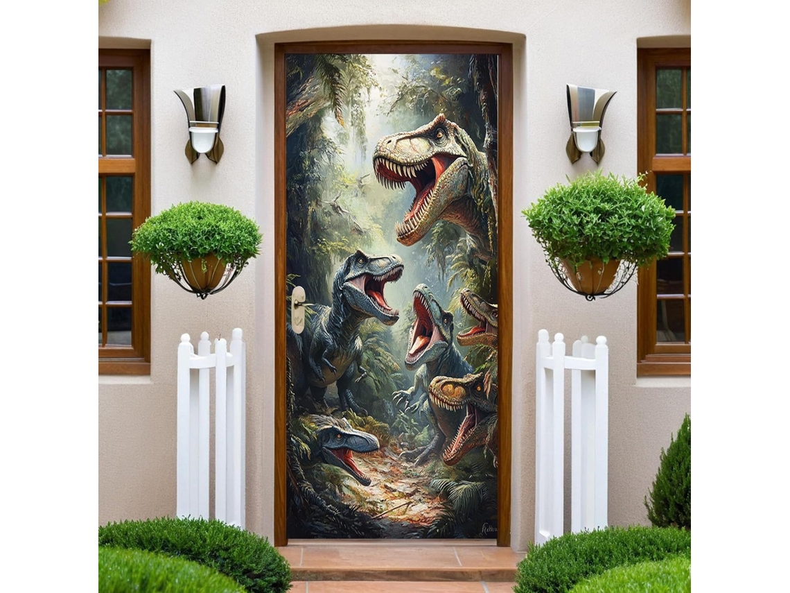 Papel De Parede Verde Para Porta 73x204 Cm O Mundo Dos Dinossauros Na Floresta Adesivo Trompe L'oeil Pôster De