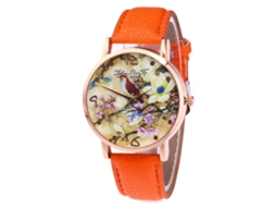 Relógio de pulso Zhoulianfa Quartz com pulseira de PU, estampa de flores e pássaros (laranja)
