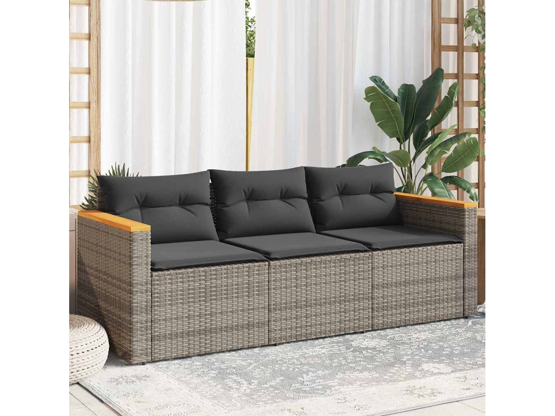 Vidaxl Sofá De Jardim De 3 Lugares Com Almofadões Vime Pe Cinzento