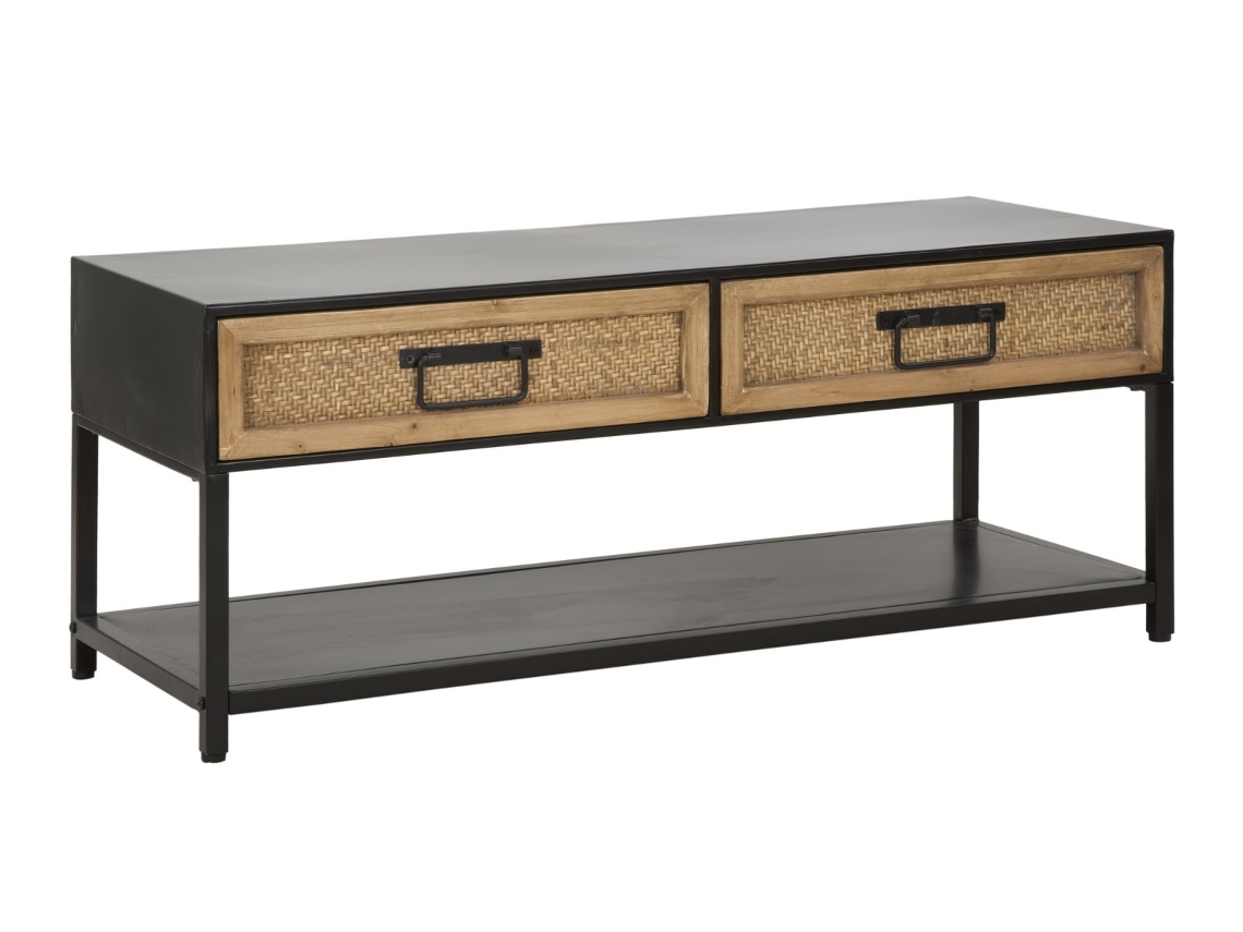 Suporte Para Tv Hanoi 95x38x38 Cm - Suporte Para Tv Em Metal Preto Com Gavetas De Madeira Com Efeito Rattan - Estilo Boho Chic Moderno E Linear