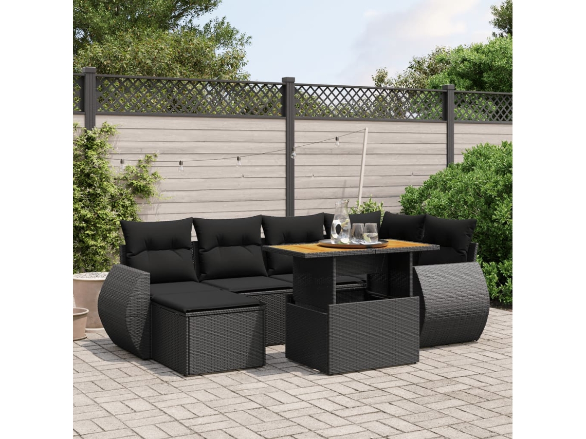 Vidaxl 7 Pcs Conjunto De Sofás P/ Jardim C/ Almofadões Vime Pe Preto