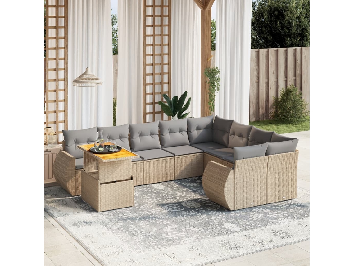 Vidaxl 10 Pcs Conjunto De Sofás P/ Jardim Com Almofadões Vime Pe Bege