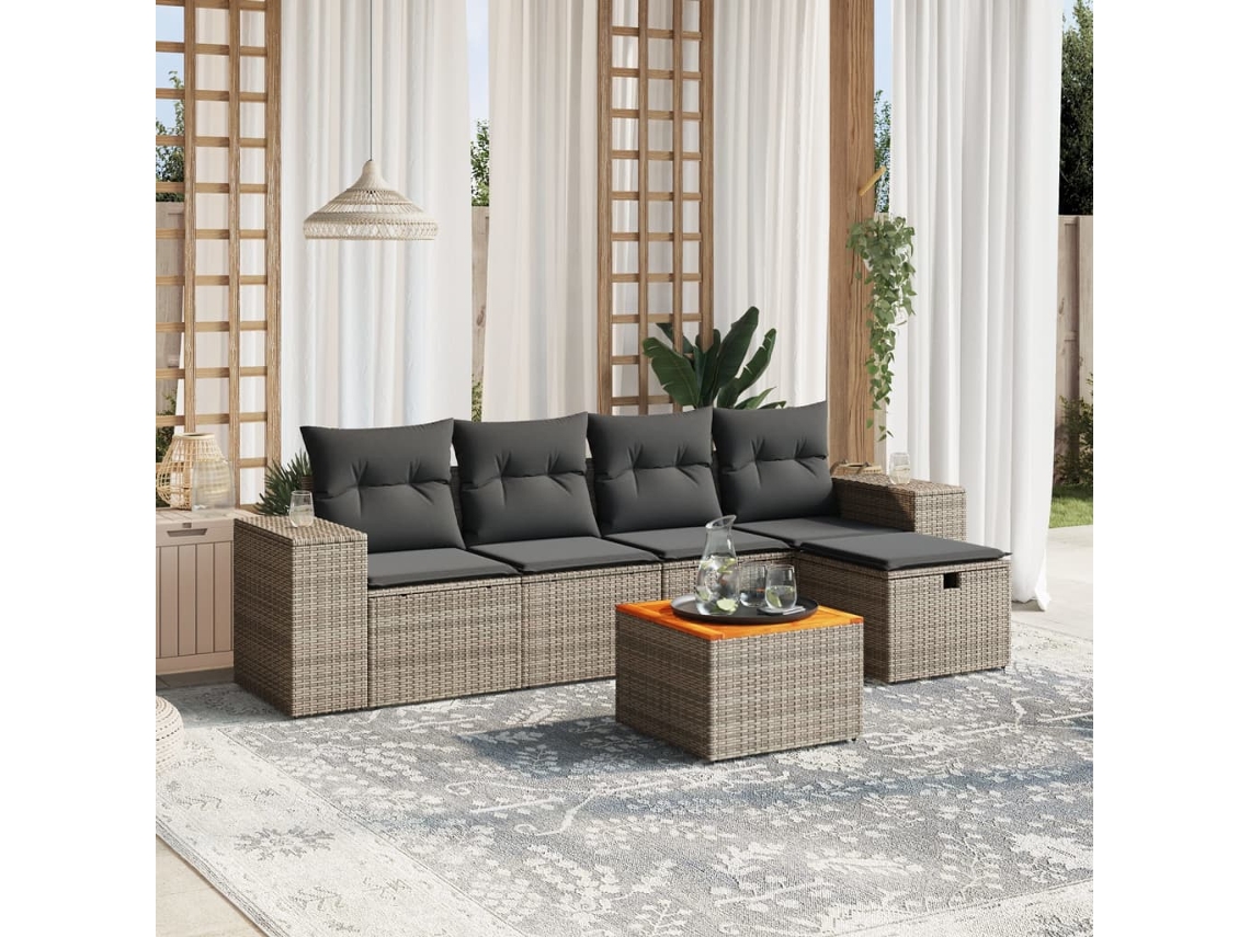 Vidaxl 6 Pcs Conjunto Sofás De Jardim Com Almofadões Vime Cinzento