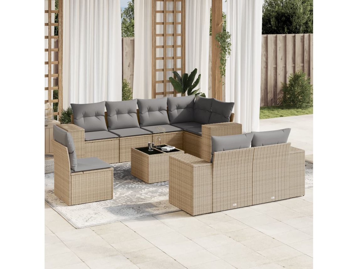 Vidaxl 9 Pcs Conjunto De Sofás P/ Jardim Com Almofadões Vime Pe Bege