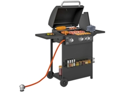 Barbecue A Gás Com 3+1 Queimadores 8,5 Kw Termómetro Mesa Lateral Grelha Recolhedor De Gordura 2 Rodas 123x57x98 Cm Preto