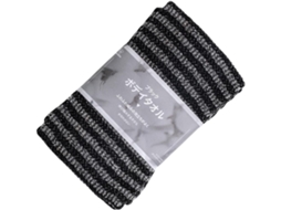 Toalha esfoliante Preta com função de esfoliação e massagem, feita em tecido de nylon.