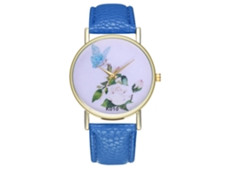 Relógio de quartzo unissex Zhoulianfa com pulseira de couro PU e mostrador floral azul royal.