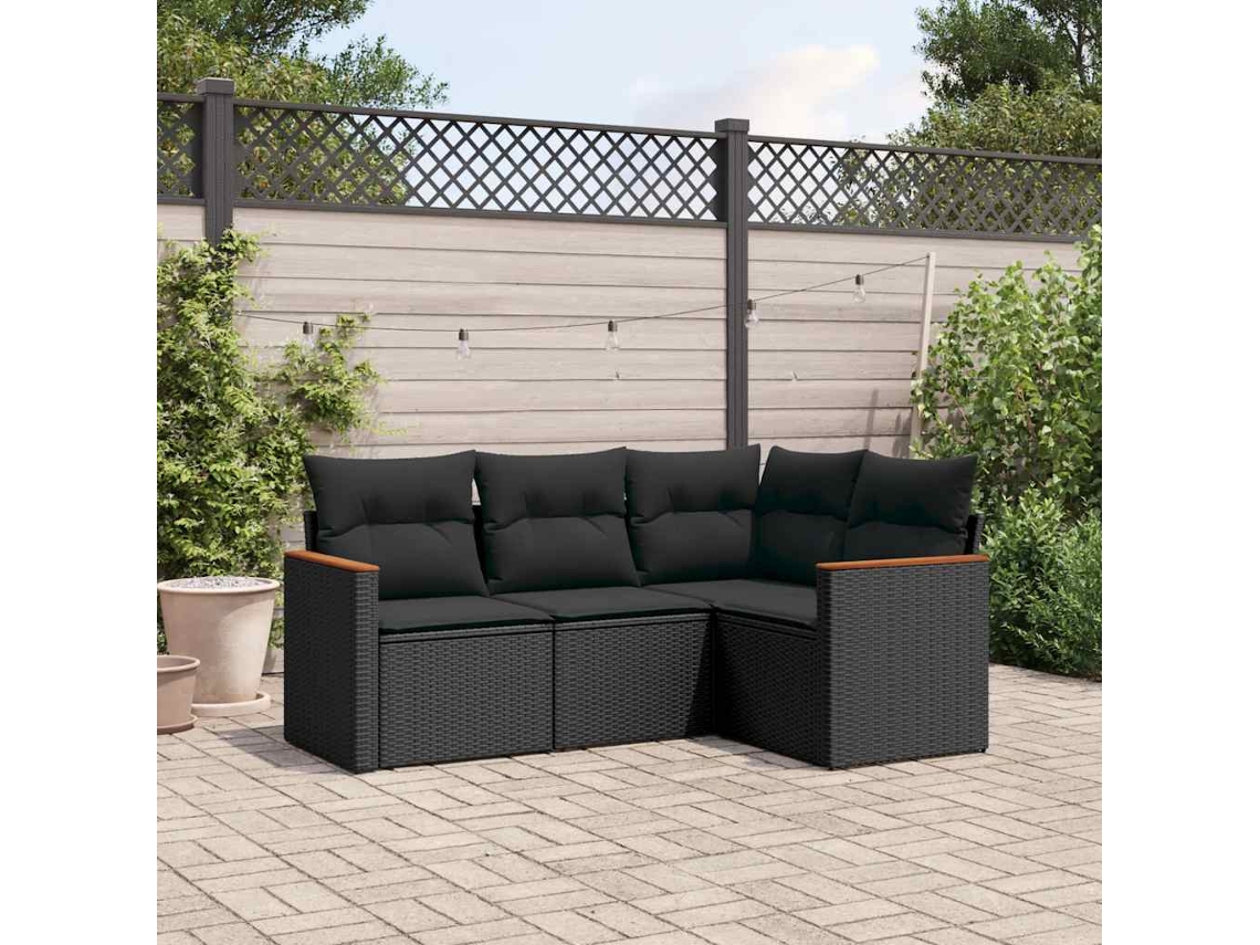 Vidaxl 4 Pcs Conjunto de Sofás para Jardim C/ Almofadões Vime Pe Preto