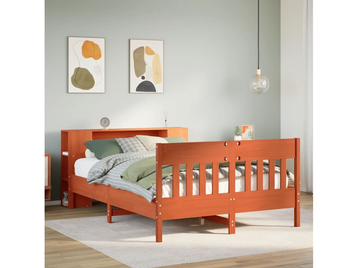 Vidaxl Cama com Estante Sem Colchão 140x190 Cm Pinho Maciço