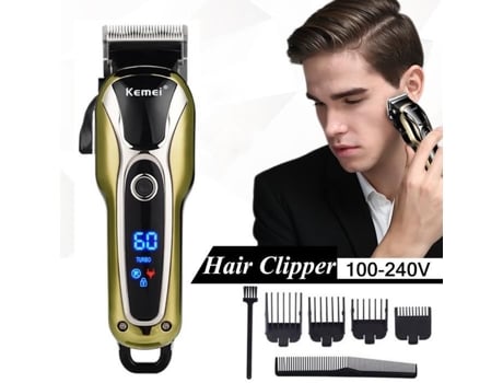 Máquina de Cortar Cabelo Sem Fio Recarregável KEMEI Lcd Lâmina de Aço Inoxidável. 4 Pentes para Ferramentas Elétricas