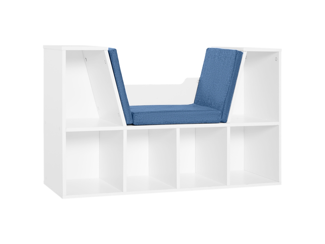 Banco com estante 2 em 1 TOPBRICO com almofada e 6 compartimentos, 102x30x61 cm, azul