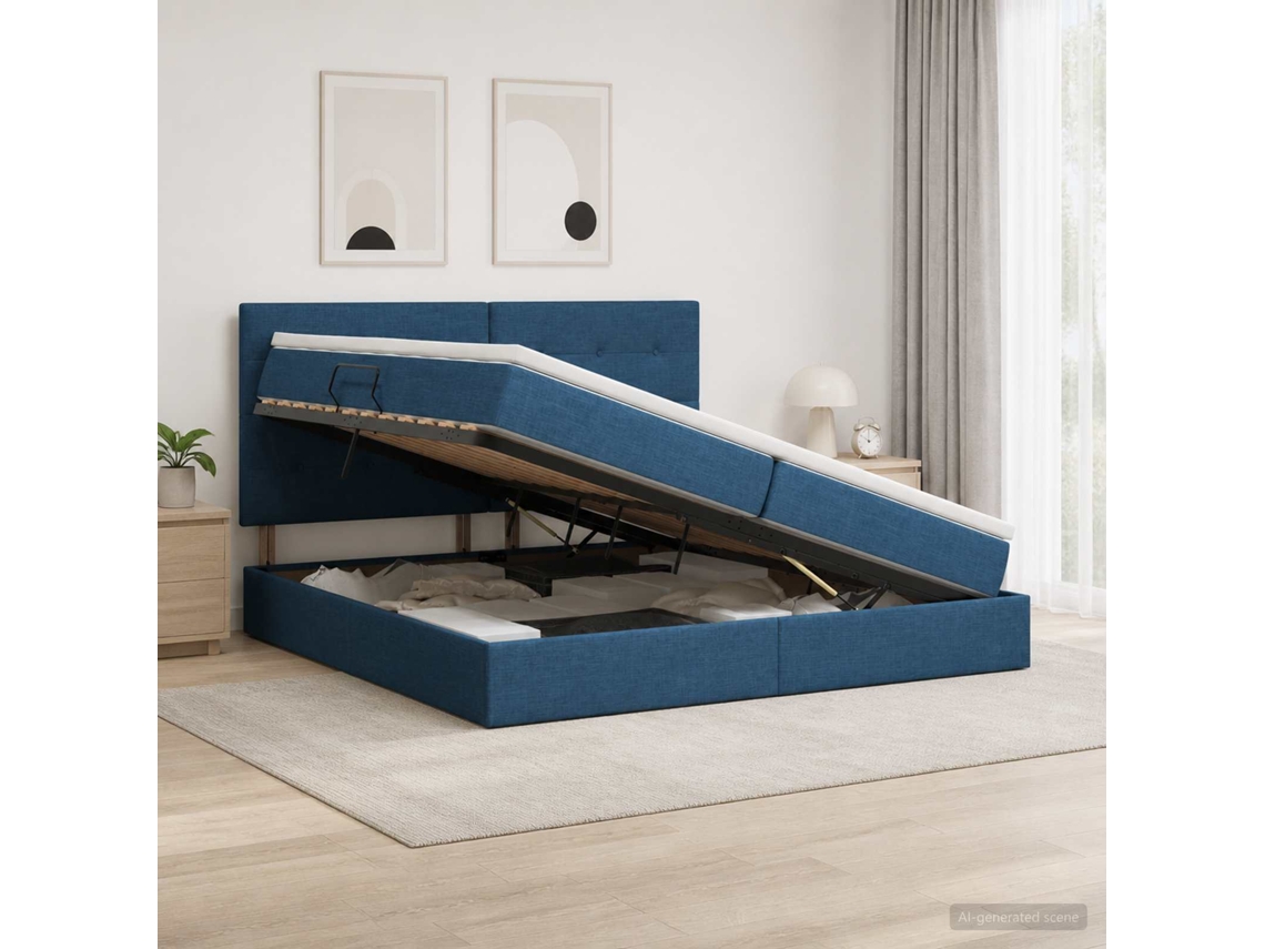 Vidaxl Cama Com Arrumação E Colchão Azul 200 X 200 Cm Tecido