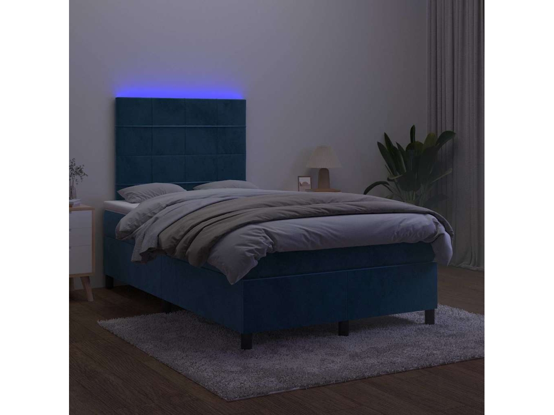Vidaxl Cama Box Spring Colchão Led 120x190cm Couro Artif. Azul-escuro