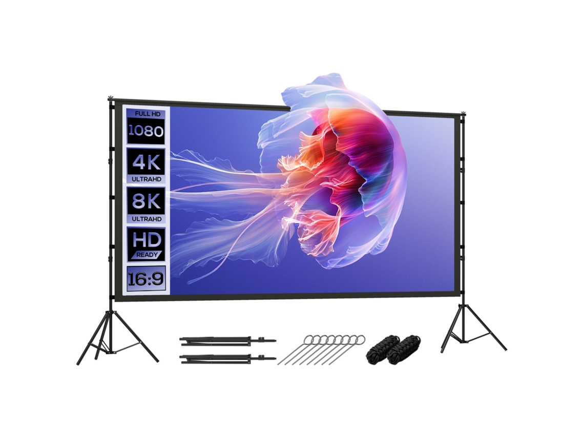 Tela para Projetor Hd 4k/8k 120'' 16:9. Ângulo de Visão de 160°. Tripés de Dupla Face e Dobráveis. Branco Ge