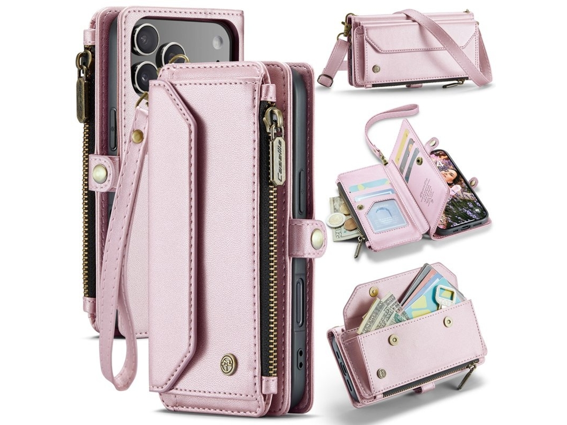 Capa Carteira Caseme Em Couro Sintético Com Zíper Para Iphone 17 Pro - Rosa
