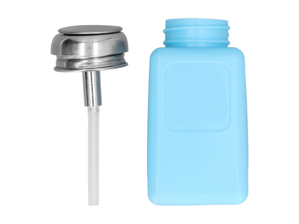 Dispensador de solvente tipo pressão de 200 ml, antiestático e seguro contra ESD, frasco quadrado com tampa azul de aço inoxidável.