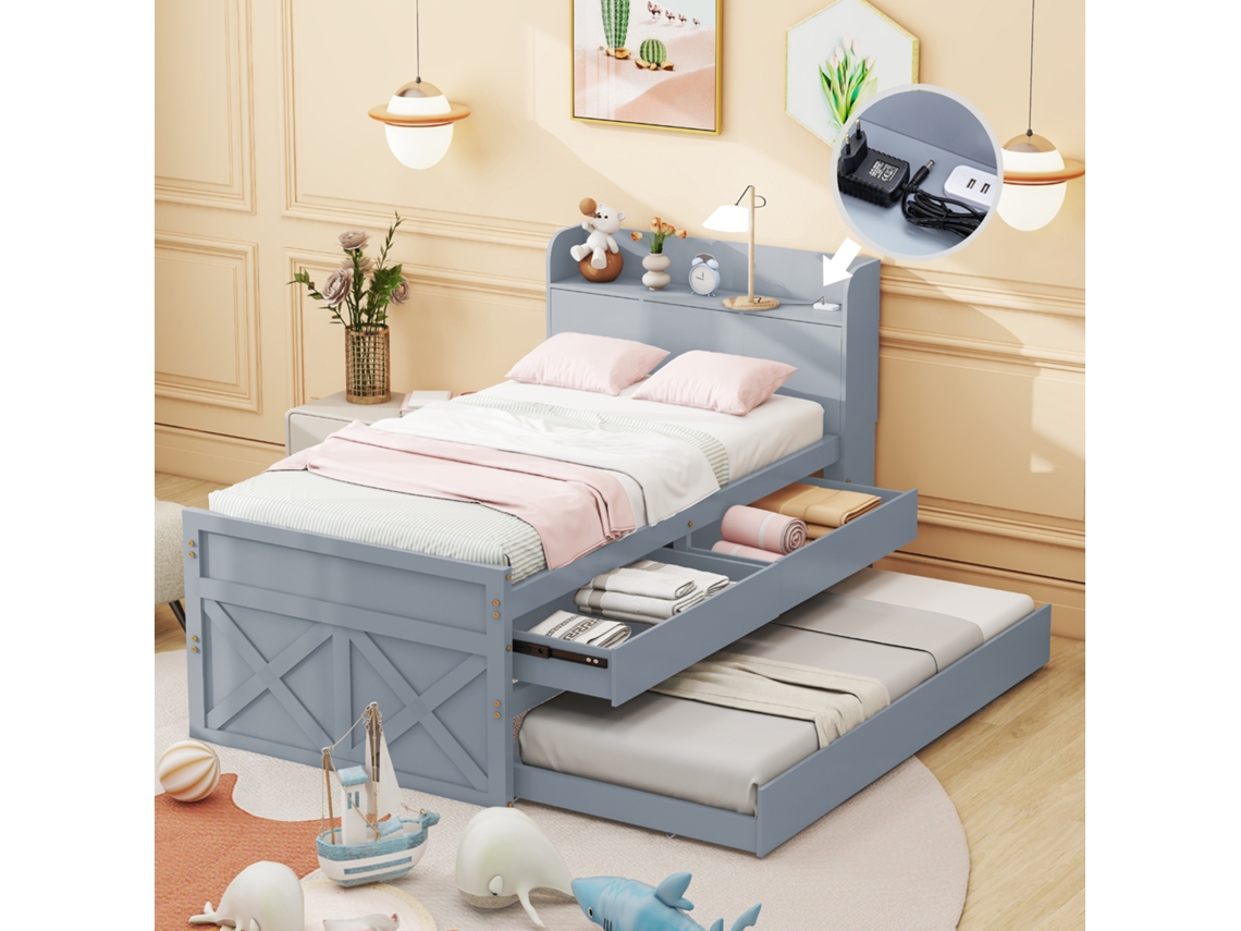 Cama Solteiro 90x190 Pinho Com Gavetas Usb E Encosto