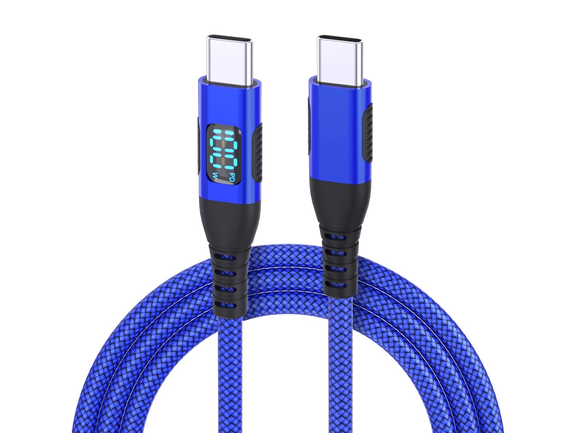 Cabo De Carregamento Type-c Para Type-c, 100w 6a Pd Carga Super Rápida, Com Display Digital Led Azul Hexinyigjly