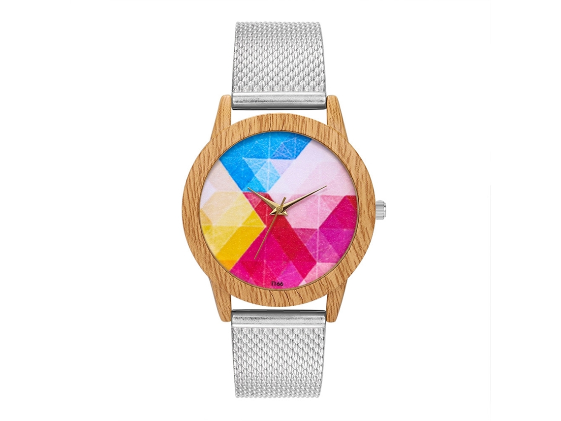 Relógio analógico de quartzo com pulseira de malha colorida para mulheres e homens, prateado.