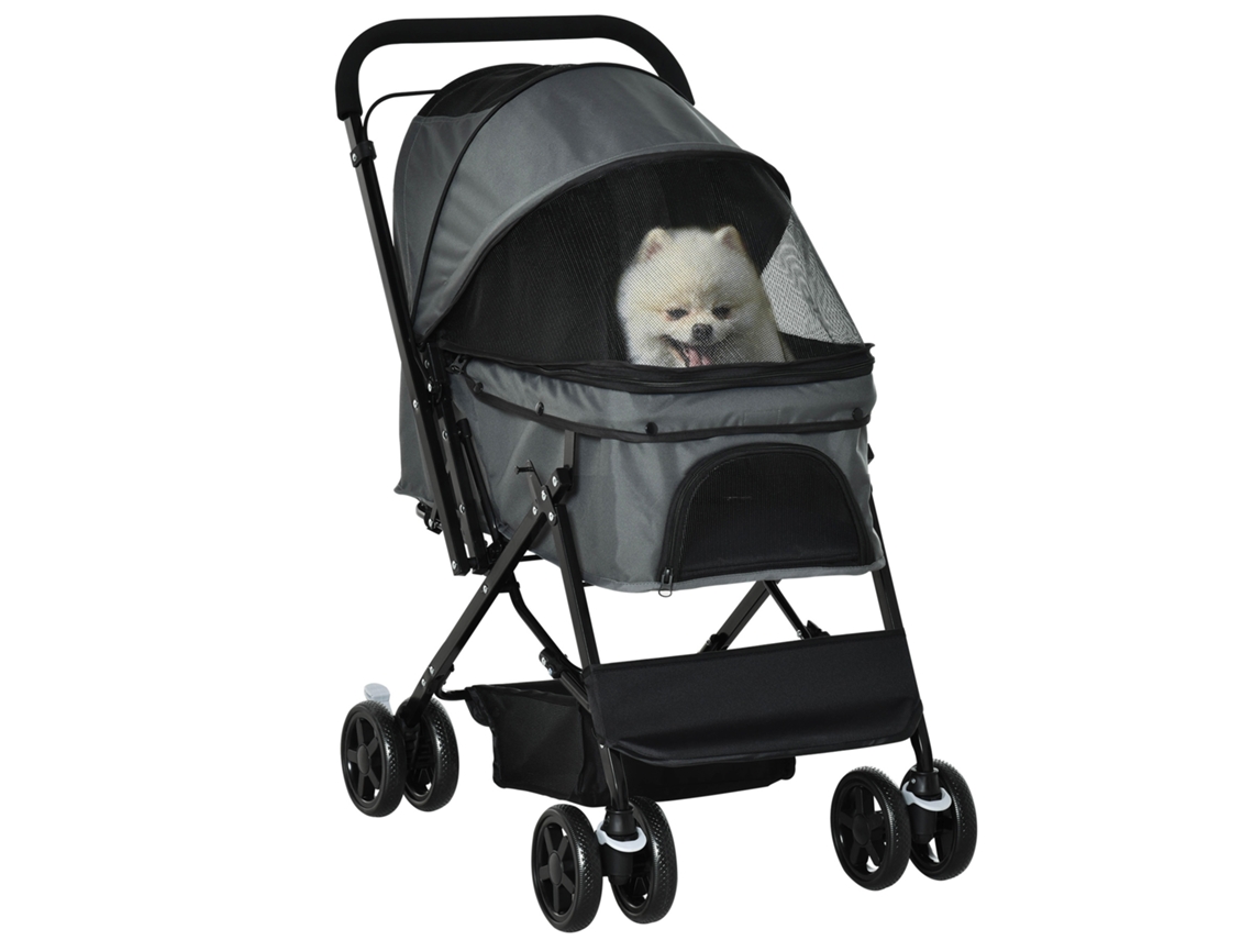 Carrinho Dobrável Para Cães Com 4 Rodas De Eva, Guidão Ajustável E Cesta, 76,5 X 52 X 95 Cm