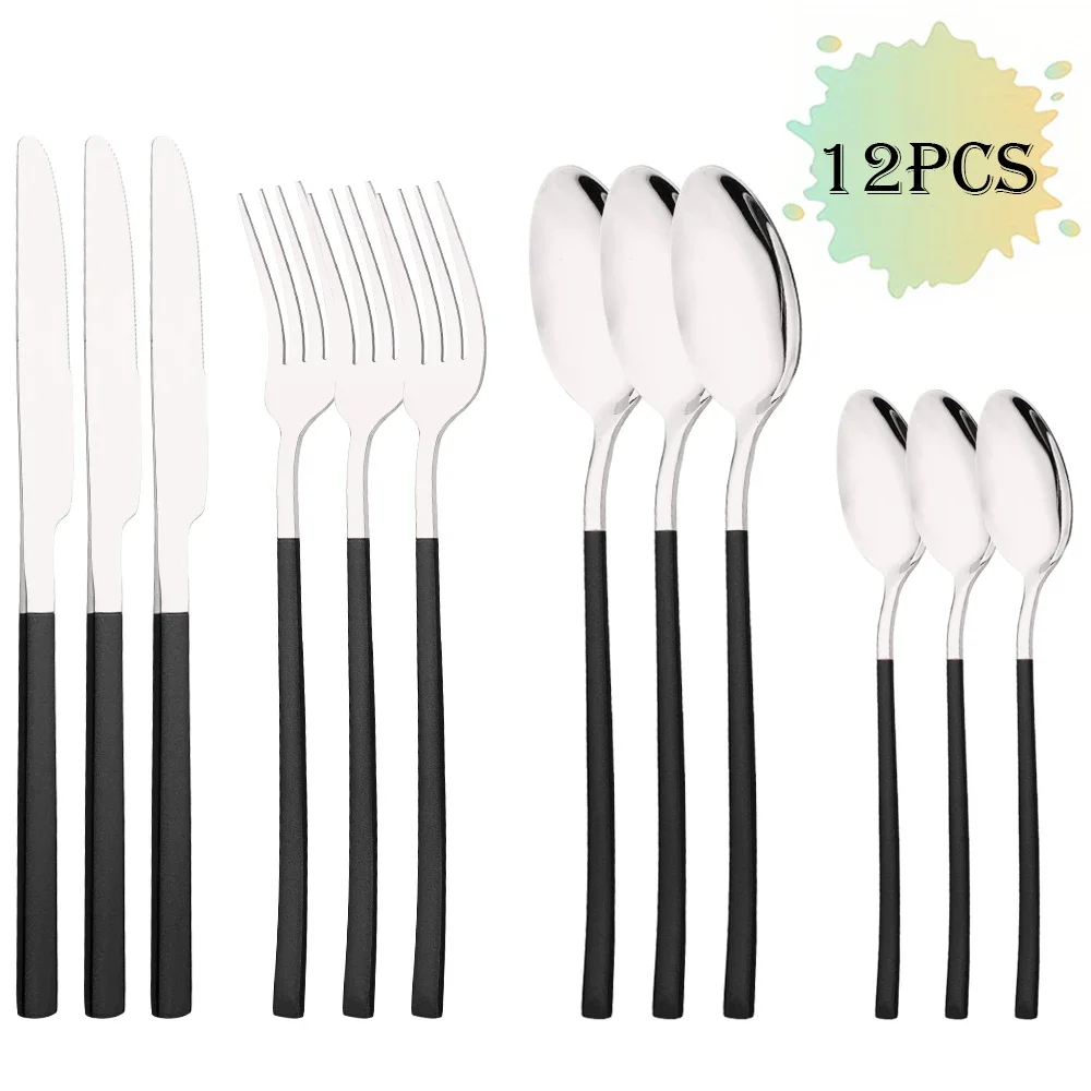 MDUG (conjunto de Talheres de Aço Inoxidável Preto e Prateado, com 12 Peças, Incluindo Faca, Garfo e Colher de Café)