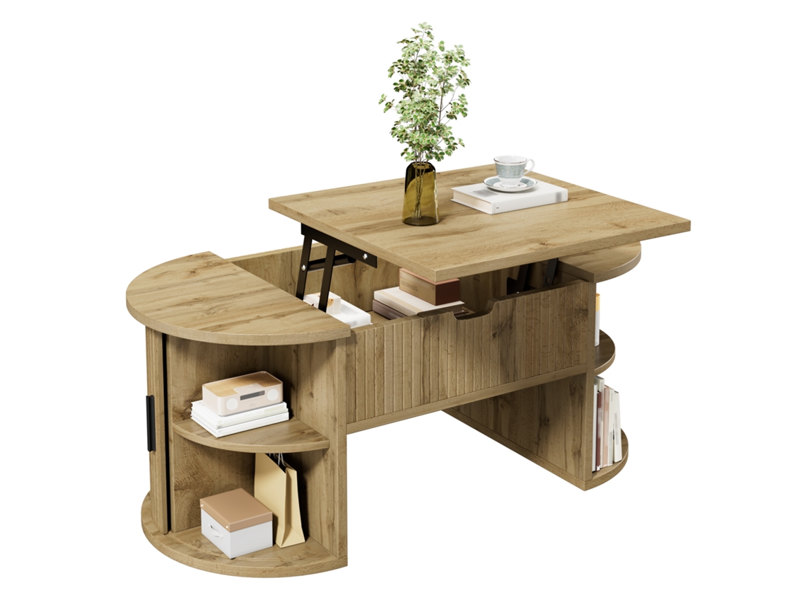Mesa De Centro Moderna, Ajustável Em Altura, Com Prateleiras Abertas E Gavetas Ocultas, Portas De Correr, Ideal Para Salas Pequenas E Home Office.
