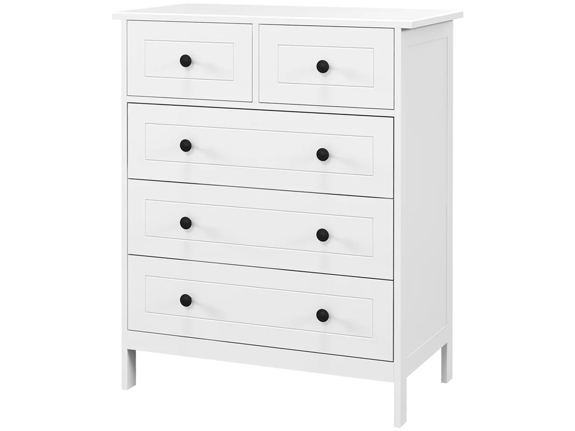 Cômoda 5 Gavetas Quarto E Entrada, Alça Metal Branco E Preto