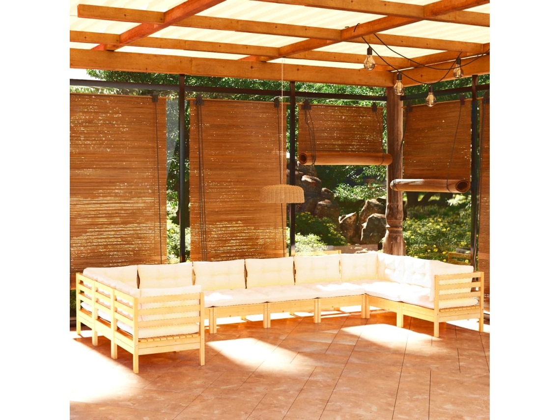 10 Pcs Conjunto Lounge De Jardim C/ Almofadões Cor Creme Pinho Dkd Home Decor