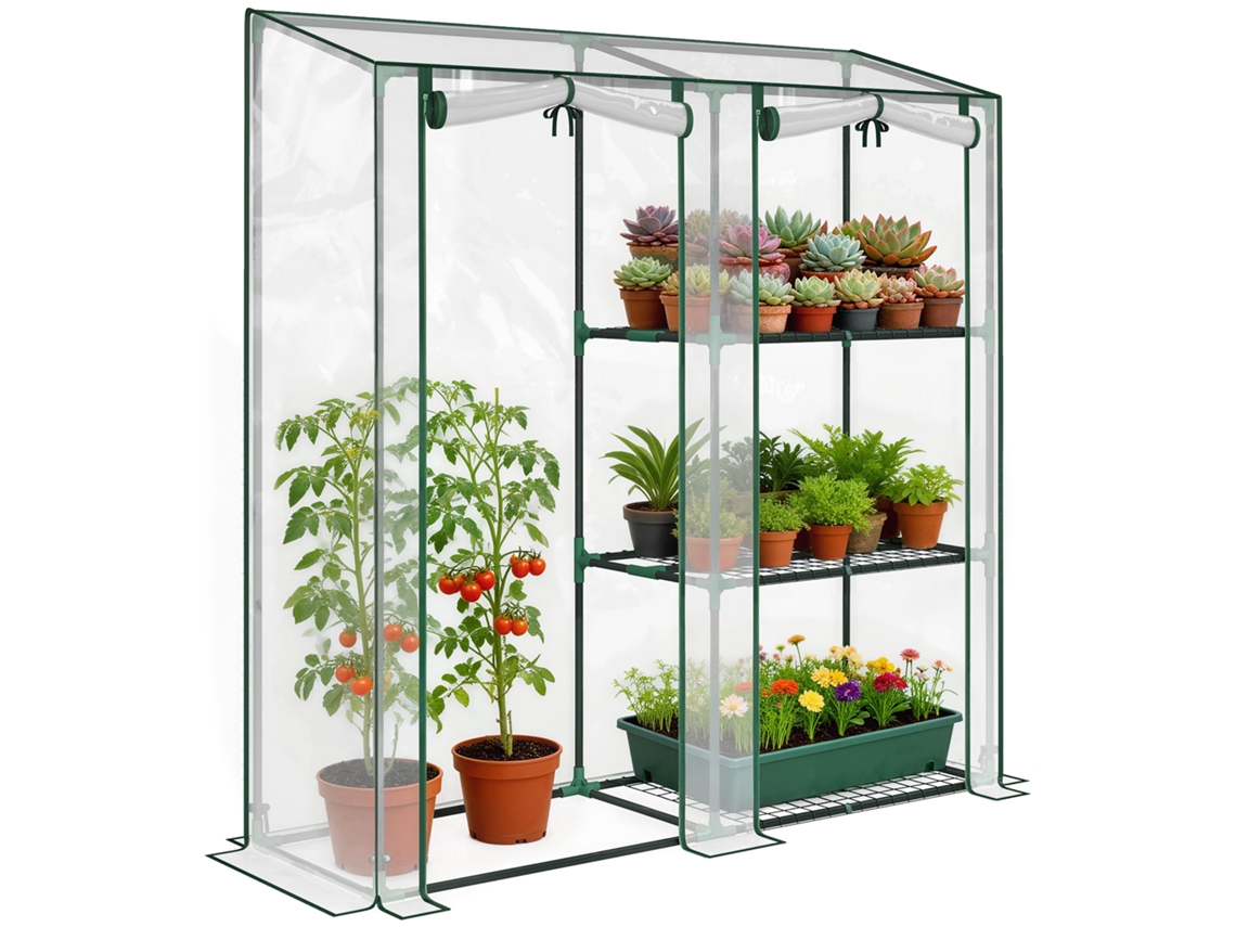 Estufa Vertical de 2 Seções com 3 Prateleiras. em Plástico e Aço. 143x45x151 Cm. Verde Escuro e Transparente Ge